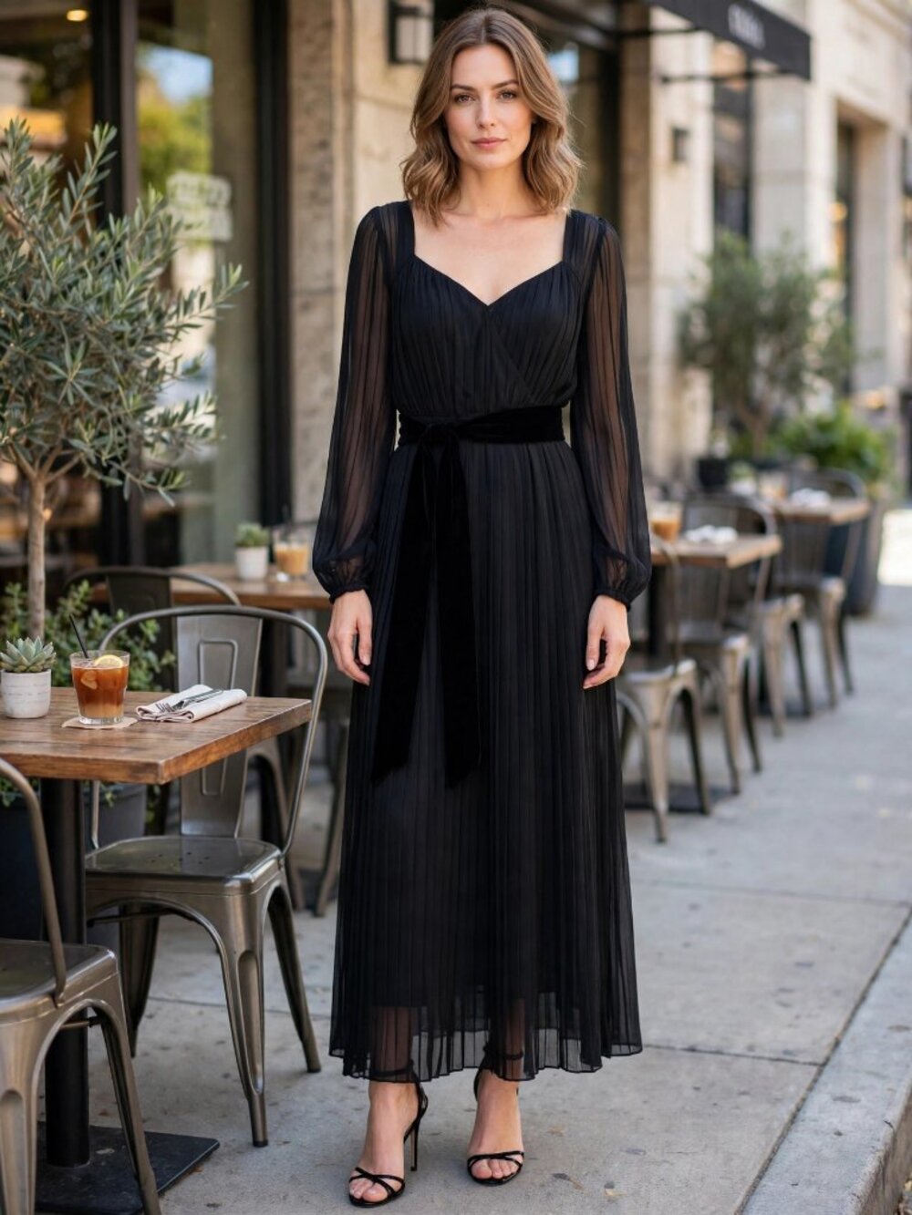 NWT The Kooples Black Pleated Maxi Dress Size 6 -8 Velvet Sash